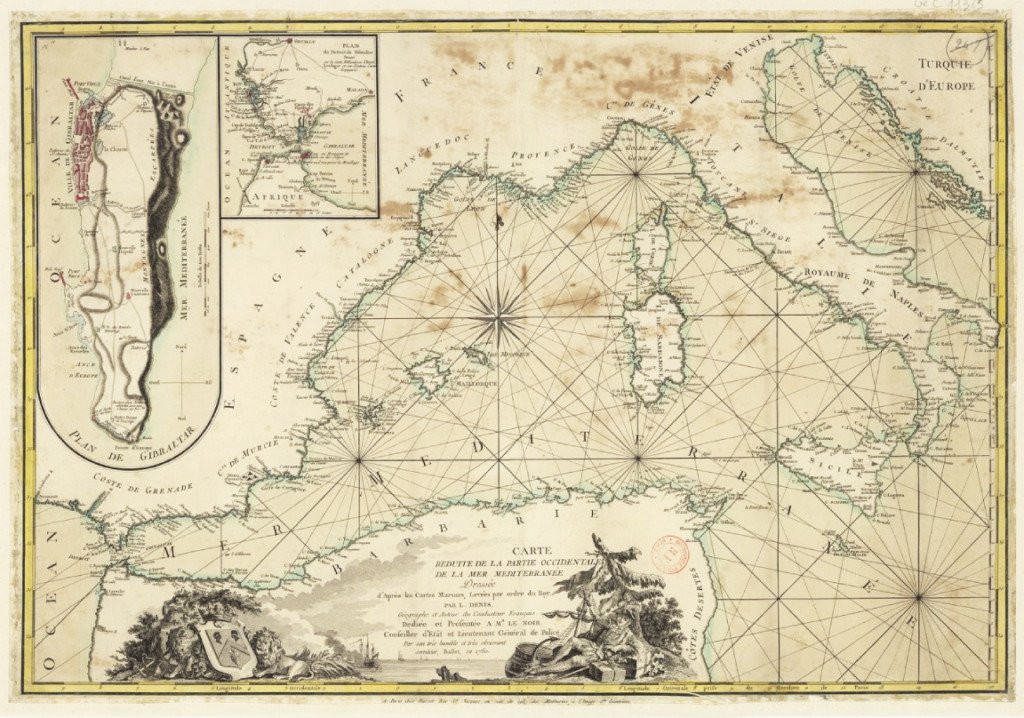 Mapa del Mar Mediterráneo y las costa de España y Berbería